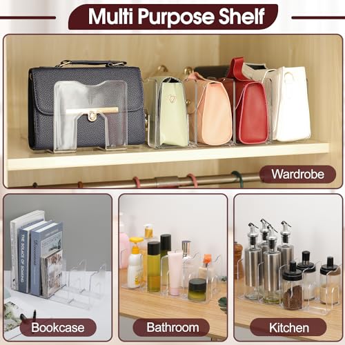 frtzal Purse Handbag Organizer 4 Sections Bag Closet Shelf Divider Purse Display Stand Handbag Storage Organizer Clear Desk File Sorter Stand Holder Bookshelf 13 x 6 x 5 Inches (4pcs upright)