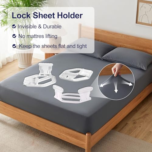 Bed Sheet Holders for Corners, New Upgrade Fitted Sheet Holder Grippers Dual-Side Lock Design, 4Pcs Sheet Straps Heavy Duty Sheet Clips Fitted All Mattress Sizes, Lock Sheet Holders Keep Firm (White)