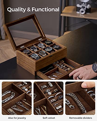 SONGMICS GISELLA Collection - 8-Slot Watch Box, 2-Tier Watch Display Case with Large Glass Lid, Removable Pillows, Velvet Lining, Jewelry Box, Gift Idea, Brown UJOW008K01