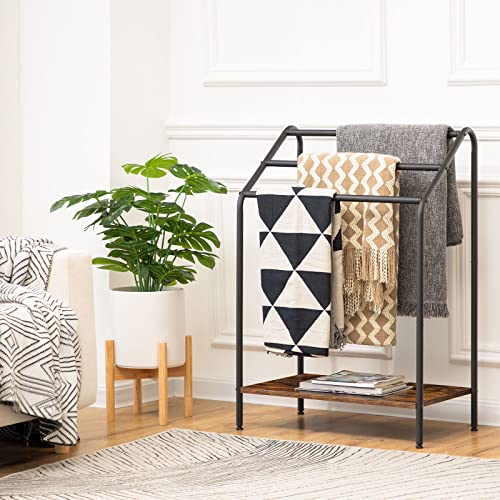 HOOBRO Freestanding Towel-Rack for Bathroom, 3 Tier Blanket Rack for Living Room, 23.6" L x 14.2" W x 33.9" H, Quilt Blanket Ladder Holder, Drying and Display Rack, Rustic Brown and Black BF63LB01