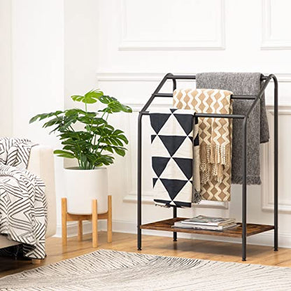 HOOBRO Freestanding Towel-Rack for Bathroom, 3 Tier Blanket Rack for Living Room, 23.6" L x 14.2" W x 33.9" H, Quilt Blanket Ladder Holder, Drying and Display Rack, Rustic Brown and Black BF63LB01