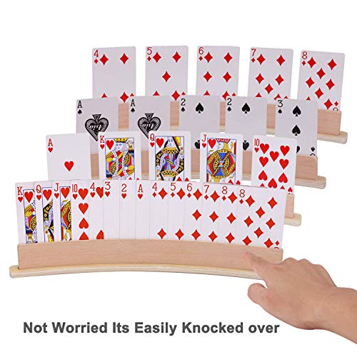 Wood Curved Playing Card Holder Racks Tray Set of 4 for Kids Seniors Adults - 13.4inch with Widen Base Stable Enough for for Bridge Canasta Foot and Hand