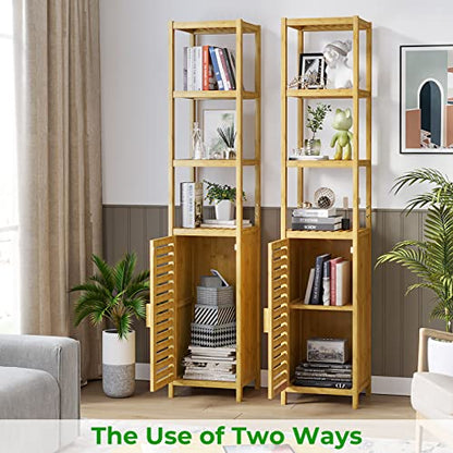 Storage Tall Slim Cabinet with Shutter Door and 3 Tier Shelves, Freestanding Linen Tower Cabinet for Living Room, Kitchen, Bathroom Organizer, Natural Bamboo
