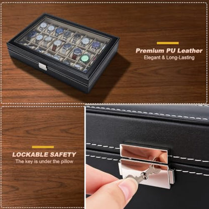 Artilife 24 Slot Watch Box for Men, Watch Cases for Men, Watch Display Case, Glass Top PU Leather Watch Storage Organizer with Removable Pillows for Him