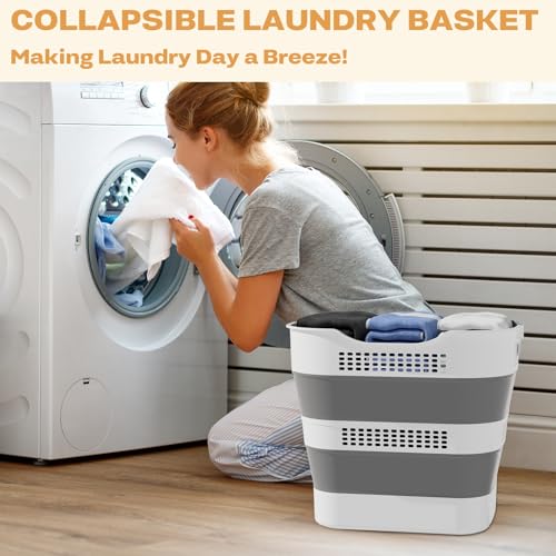 43L(11.5Gallon) Collapsible Plastic Laundry Basket (Grey,1 Pack) | Foldable Laundry Basket with Handle,Pop Up Tall Storage Container/Organizer/Clothes Hamper for Laundry