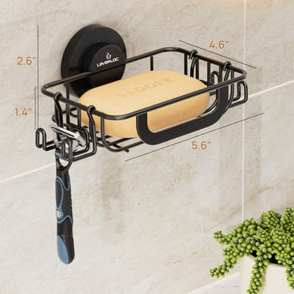 Bar Soap Holder for Shower with Hooks, Suction Cup Soap Dish Rustproof Stainless Steel for Bathroom Accessories, Sponge Saver Black