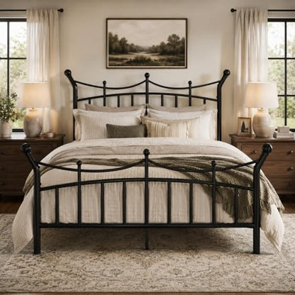 SHA CERLIN 14 Inch Queen Size Metal Bed Frame, Victorian Crown Style Platform Bed Frame with Headboard and Footboard, 12.6" Under-Bed Storage, No Box Spring Needed, Noise Free, Easy Assembly, Black