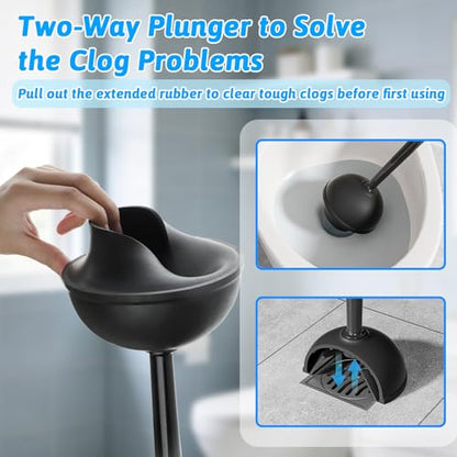 Toilet Brush and Plunger Set, Curved Head Deep Clean, Black 2 Pack | Brush and Plunger set, Curved Nylon Bristles for Deep Clean, Strong Suction Plunger, Ventilated Holder for Quickly Air Dry