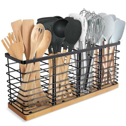 Extra Large Kitchen Utensil Holder Countertop with Removable Divider | Counter&Wall Mounted,Hold 40 Utensils,Cooking Counter Organizer Caddy for Spatula,Spoon,Wooden Base,Farmhouse,Metal,Black