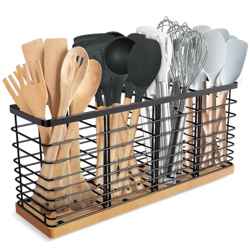 Suli Extra Large Kitchen Utensil Holder Countertop with Removable Divider | Counter&Wall Mounted,Hold 40 Utensils,Cooking Counter Organizer Caddy for Spatula,Spoon,Wooden Base,Farmhouse,Metal,Black