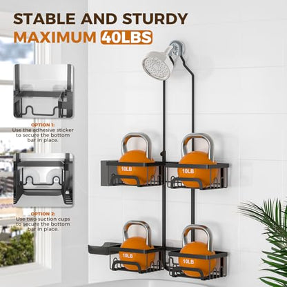 Split Shower Caddy Hanging for Handheld Showerheads, Black | Adjustable Shower Organizer, Rustproof, 16 Hooks, Soap Holder, 40lbs Capacity, Anti-Slip, Tool-Free, Bathroom Accessories