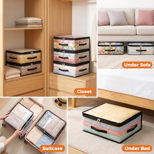10Pcs Clear Storage Bags With Zippers & Handles Blanket Storage Bag | 21L Plastic Clothes and Under Bed Storage Organizers for Sheets Bedding Comforter Linen Sweaters Toys, 15.7x13.8x5.9 In