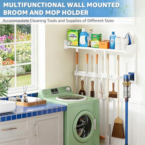 HUFAND Broom Holder Wall Mount, 27" Mop and Broom Organizer with Top Shelf | 5 Grippers,5 Movable S-Hooks,Breathable Grid Shelf,Rust-Resistant Coating,Hardware Included,for Kitchen,Laundry Room