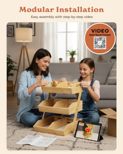 3-Tier Bamboo Fruit Basket with 2 Banana Holders | Large tiered organizer for bread, snacks, veggies. Sturdy bamboo, includes mats & dividers. Easy to assemble.