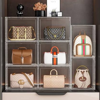 5 Pack Purse Organizer for Closet, Handbag Storage Organizer Stackable Display Case with Magnetic Door, Closet Storage Bins for Handbag, Purse, Backpack, Collectibles, White