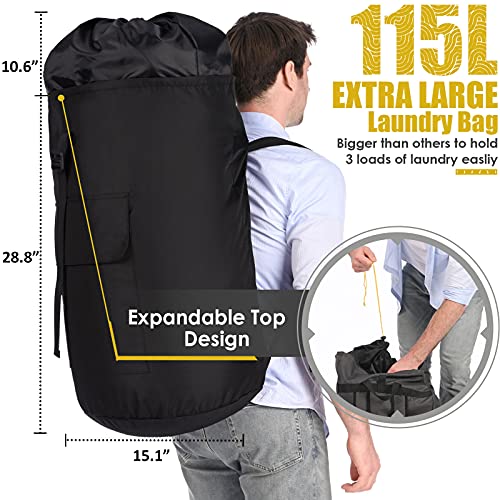 Backpack Laundry Bag, 115L Heavy Duty Extra Large College Laundry Backpack, Dirty Clothes Bag with Shoulder Straps, Laundry Hamper Bag with Drawstring Closure for College Dorm, Apartment Black
