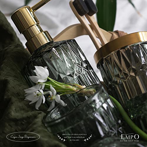 6PCS Bathroom Clear Glass Accessories Set (Lotion Soap Dispenser, Soap Dish, Toothbrush Holder, Tumbler, Cotton Swab Jar), Contemporary Modern Decor Crystal Vintage Gift (6pcs Green)