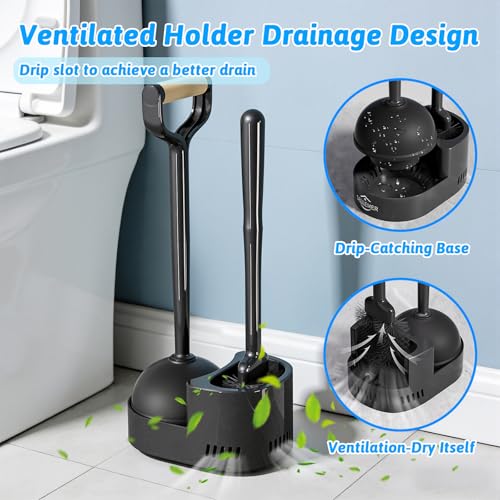 Toilet Brush and Plunger Set, Curved Head Deep Clean, Black 2 Pack | Brush and Plunger set, Curved Nylon Bristles for Deep Clean, Strong Suction Plunger, Ventilated Holder for Quickly Air Dry