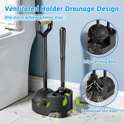 Toilet Brush and Plunger Set, Curved Head Deep Clean, Black 2 Pack | Brush and Plunger set, Curved Nylon Bristles for Deep Clean, Strong Suction Plunger, Ventilated Holder for Quickly Air Dry