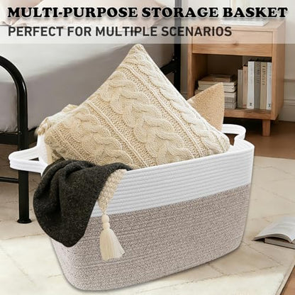 65L Laundry Basket with Handles, Woven Blanket Basket, White/Brown | 21"×16"×12" Collapsible Cotton Rope Storage Basket for Toys Clothes & Pillows, Nursery, Bathroom, Bedroom, Living Room
