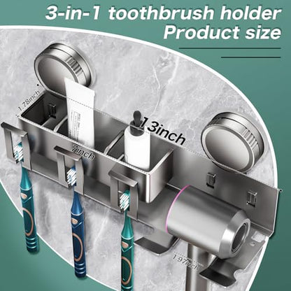 Detachable Wall Electric Toothbrush Holders, Bathroom Organizers and Storage, 3 Cups Holders Accessories Storage Decor, Hair Dryer Holder, Powerful Upgraded Sticky Suction Cup, All-Aluminum Material