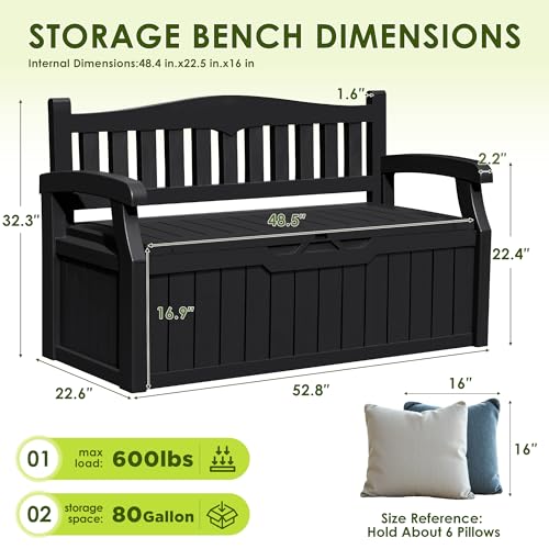 Greesum 80 Gallon Outdoor Storage Bench, Deck Box, Dark Black | Weather-Resistant Patio Furniture Bench for Backyard, Garden, Porch,Seat for Pillows Cushions Patio Accessories