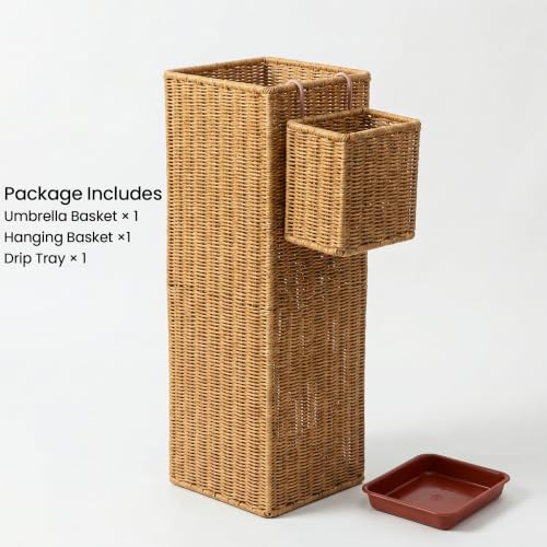 Rattan Umbrella Stand with Drip Tray,Umbrella Holder with Small Basket for Entryway, Tall Wicker Basket for Storage, Woven Organizer for Inoor, Outdoor, Home, Office, Hotel