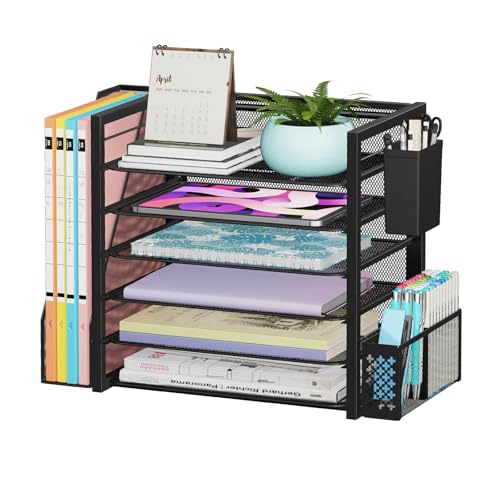 6 Tier Metal Desk File Organizer with 2 Pen Holder... (Black | Metal)