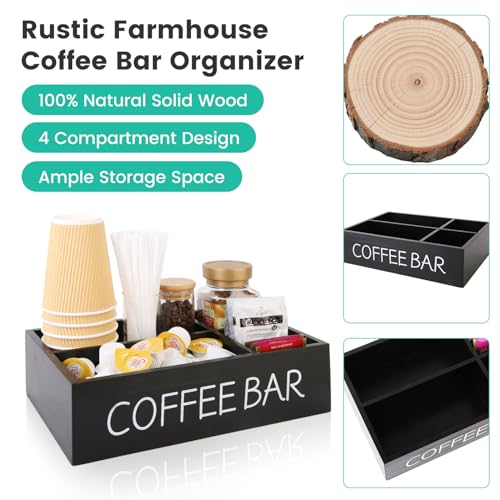 Coffee Bar Organizer – Wooden Coffee Station with 4 Compartments, Removable Dividers, and Condiment Storage for Home & Office