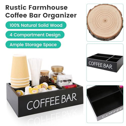 Coffee Bar Organizer – Wooden Coffee Station with 4 Compartments, Removable Dividers, and Condiment Storage for Home & Office