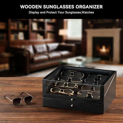Sunglass Organizer for 14 Pairs, Large Wooden Sunglasses Display Case with Clear Lid & Drawer, Dustproof Glasses Storage Organizer for Men Women Countertop (Black)