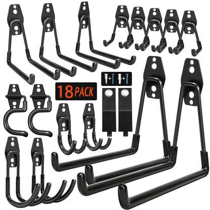 18 Pack Garage Hooks Heavy Duty - Anti-Slip Coating | Garage Storage Hooks for Hanging Bike，Ladder，Garden Tools，Hose