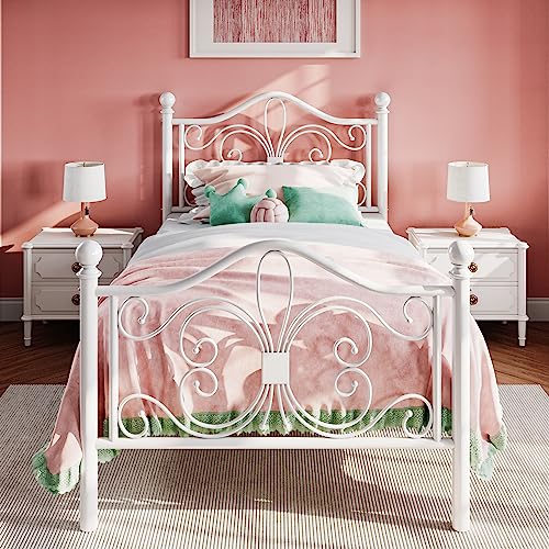 Twin Size Metal Bed Frame with Butterfly Headboard... (White | Iron)