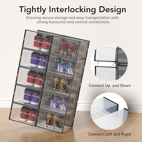 Foluck X-Large 15 Pack Shoe Storage Organizer Box Clear Plastic Stackable | Interlocking Design, Sturdy Dustproof Breathable, Fits Men's Size 10 Women's Size 11, for Closet Entryway Under Bed