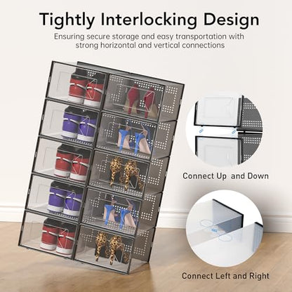 Foluck X-Large 15 Pack Shoe Storage Organizer Box Clear Plastic Stackable | Interlocking Design, Sturdy Dustproof Breathable, Fits Men's Size 10 Women's Size 11, for Closet Entryway Under Bed
