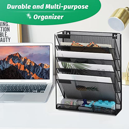 Desk File Organizer Mesh 6-Tier, Hanging Wall Mount Document Organization Stand, Desktop Vertical Mail Paper Folder Holder Rack with Bottom Tray for Office Home Cubicle Countertop, Black
