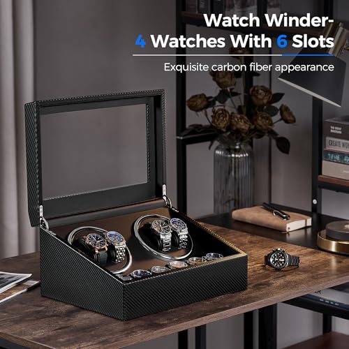 ANWBROAD Watch Winders for Automatic Watches, 4 Watch Winder | Automatic Watch Winder with 4 Watches Rotator and 6 Extra Storages,Japanese Quiet Motor,Carbon Fiber Watch Winders,UJWW012C