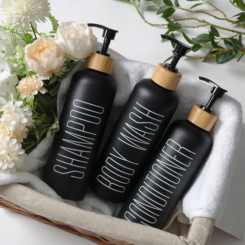 16oz 3-Pack Refillable Black Bathroom Shower Set - Empty Bottles with Pump for Shampoo, Conditioner, or Body Wash