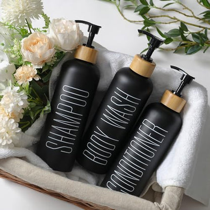 16oz 3-Pack Refillable Black Bathroom Shower Set - Empty Bottles with Pump for Shampoo, Conditioner, or Body Wash