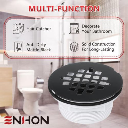 Enhon 4.25" OD Shower Drain Assembly, Snap in Shower Base Drain and Round Grid Strainer Cover, Fits 2 in. Schedule 40 ABS and PVC Pipes, Stainless Steel Cap, ABS Base(Matte Black,1 Pack)