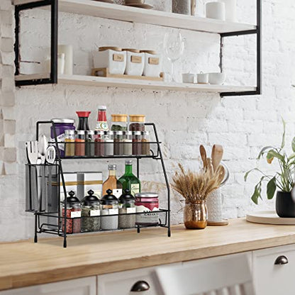 Bathroom Organizer Countertop, Spice Rack Organizer for Cabinet,Black | 2-Tier Bathroom Counter Organizer,Vanity Organizer Corner Shelf with Small Basket for Sink,Kitchen,Bedroom,Living room,Office