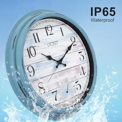 16 Inch Waterproof Indoor Outdoor Wall Clock with Thermometer | Silent non-ticking battery movement, large easy-read blue dial for patio, pool, porch, garden, garage, and home decor