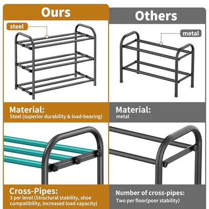 Hleelomi 3-Tier Metal Expandable Shoe Rack for Closet and Entryway Black | Adjustable Shoe Organizer for Closet,Living Room,Dorm,Garage,Fits Small Spaces, Apartments and Rentals