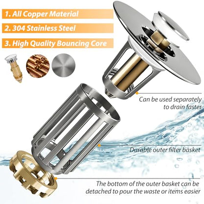 Anlige 3 in 1 Pop Up Bathroom Sink Stopper, Bathroom Sink Drain Strainer, with Removable Basket Hair Catcher, Universal Sink Plug Cover for 1.06 in to 1.6 in Drain, Brushed Nickel