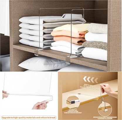 6 Pack Clear Acrylic Shelf Divider for Closet Organization - 9.2″ Tall Closet Dividers for Wood Shelves,Cupboard,Vertical Shelf Separators in Closet for T-Shirt,Purse,Handbag,Sweater Organizer