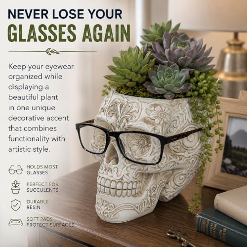 Top Brass Large Sugar Skull Eyeglass Holder & Succulent Planter – Decorative Skull Glasses Stand, Reading Glasses Organizer, Small Flower Pot, Resin Desk Decor, Sunglasses Holder, Home Office Décor