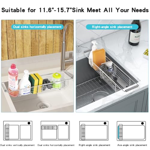 YQh Retractable Sink Drain Rack, 304stainless Steel Expandable Sink Storage Rack, Adjustabl Kitchen Sponge Drying Rack, soap Rack, Breathable Drainage (Adjustable Length 14in-18in)