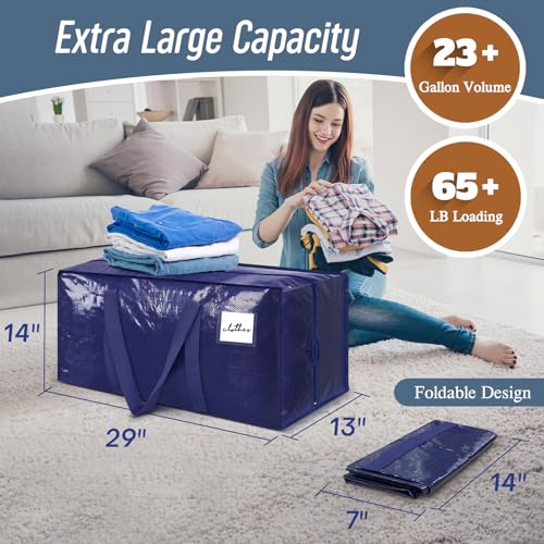 6 Pack Extra Heavy Duty Large Moving Bags with Strong Zipper, Dark Blue | Comfortable Handles, Sturdy & Durable Clothes Storage Bags Totes Bins, Blue Packing Moving Boxes for College Supplies