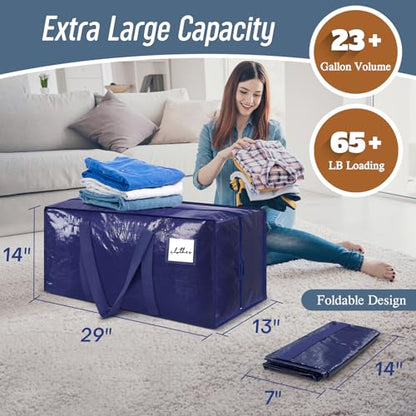 6 Pack Extra Heavy Duty Large Moving Bags with Strong Zipper, Dark Blue | Comfortable Handles, Sturdy & Durable Clothes Storage Bags Totes Bins, Blue Packing Moving Boxes for College Supplies