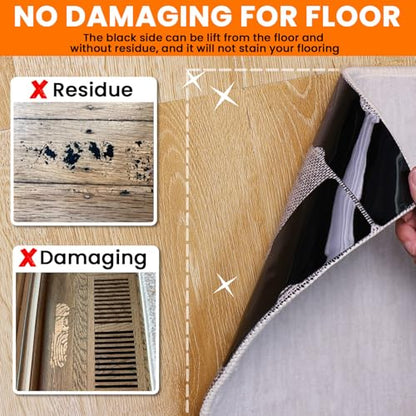 Rug Non Slip Grippers, Reusable Rug Tape Pads for Hardwood Floors, Laminate Floor, Tiles, No Residue on Flooring, Corner Grippers Carpet Tape for Area Rugs, Keep Corners Flat (12)